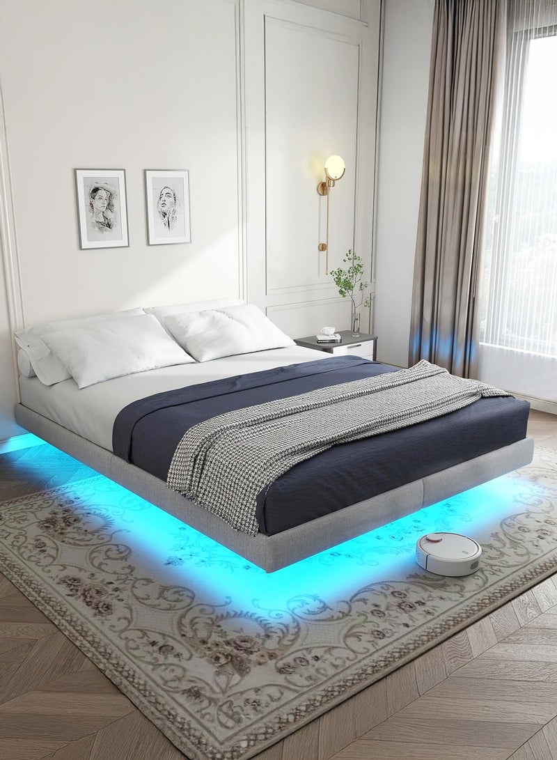 يانارا هيكل سرير معلق بإطار محيط مبطّن وإضاءة LED، منصة سرير معدنية (مقاسات: توين/كوين/كينغ) مع تخزين تحت السرير، مدعوم بدعامات فولاذية ثقيلة، لا حاجة لسرير نابضي، تصميم مقاوم للضوضاء، تركيب سهل، باللون الرمادي - Image 1